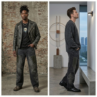 Jeans en denim noir délavé personnalisés avec patch en cuir et broderie en strass pour la vente en gros B2B