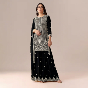 Salwar Kameez noir brodé pour femme avec dupatta, tenue traditionnelle indienne et pakistanaise, longueur au sol, coupe classique, en rayonne - Product Image 1