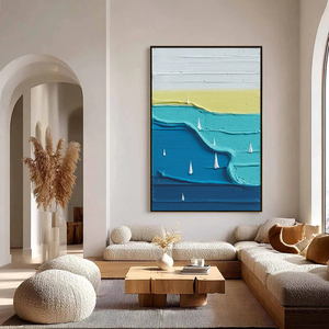 Hand Painted Abstract Seascape Canvas Art With <b>Frame</b> Contemporary Textured Wall Decor Indoor Blue Green Ocean Waves - Product Image 4