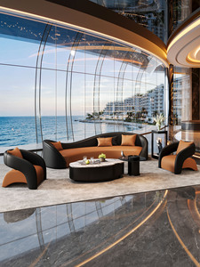 Set <span class=keywords><strong>Divano</strong></span> in Pelle a Forma di Arco e Tavolino da Caffè - Per Ufficio Vendite, Hall d'Hotel, Soggiorno - Combinazione di Divani di Alta Gamma per Reception - Product Image 3