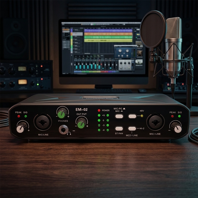 Rayco EM-02 USB Audio Interface Sound Card 2-Device 48V Phantom Power 32-bit/384kHz Resolution Real-Time Noise Cancelling