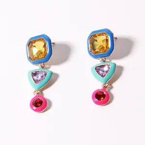 V & R 青岛韩国珠宝几何形状明亮的颜色石珐琅吊坠吊坠耳环 Lampwork 玻璃耳环