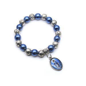 Pulsera de Perlas Azul Zafiro con Patrón de Cruz y Dije de Plata Tibetana, Joyería Religiosa de Regalo - Product Image 1