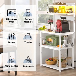 Étagère de cuisine moderne en bois blanc Support de <span class=keywords><strong>boulanger</strong></span> avec prises de courant LED Support pour micro-ondes 10 crochets en S - Product Image 6