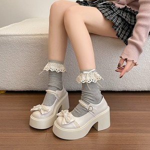 French Bow Mary Jane <strong>Pumps</strong> Solid Color Summer <strong>School</strong> Commuter Shoes Professional Cosplay Height-increasing Thick Base - Product Image 1