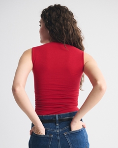 LEDUO Summer Customized <b>Red</b> Square Neck Ruched Sleeveless <b>Top</b> Form Fitting Slimming Women - Product Image 3