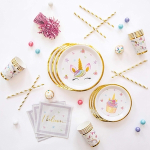 Hstyle or estampage arc-en-ciel licorne fête d'anniversaire vaisselle <span class=keywords><strong>ensemble</strong></span> parfait pour les filles fête d'anniversaire décors sert 16 invités E3237 - Product Image 1