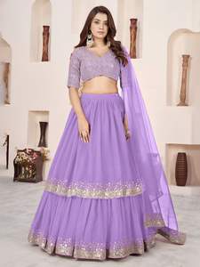 Lehenga violet moderne fluide en georgette douce avec bordure en dentelle richement ornée de sequins argentés, élégance royale et brillance pour les occasions de mariage - Product Image 6
