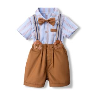 Tenue vintage pour bébé garçon chemise à rayures bleues short à bretelles marron nœud papillon vêtements de cérémonie photographie <span class=keywords><strong>Costume</strong></span> ensembles de vêtements pour bébés - Product Image 1