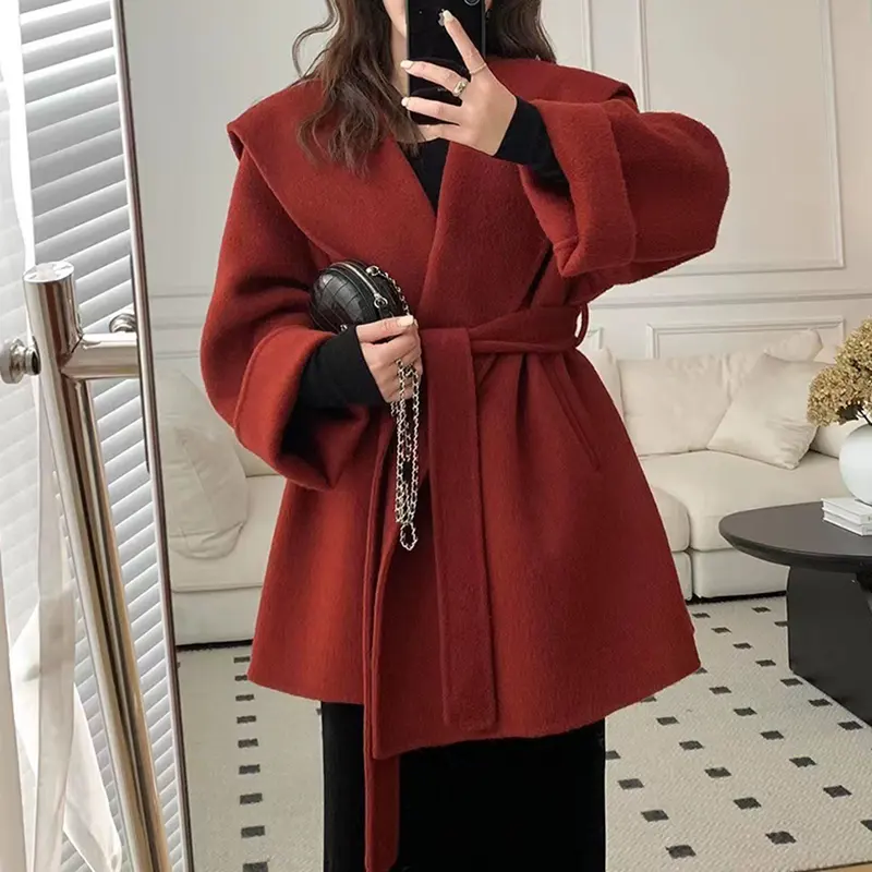 Elegant Double Sided Wool Coat Trend Double Face Women Hooded Cashmere Coat with Belt