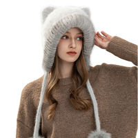 Luxuriöse Damen-Handstrickmütze aus Wollmischung mit Nerz- und Fuchsfellbesatz Winter-Beanie Warm Thermisch Ohrenschutz Modisch Funktional