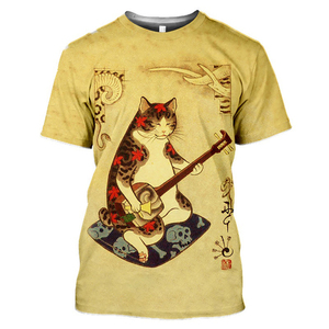 Camiseta de Alta Calidad con Estampado de Cultura Japonesa, Diseño Vintage de Gato, Camiseta Básica de Moda con Cuello Redondo de Poliéster, Venta al Por Mayor - Product Image 2