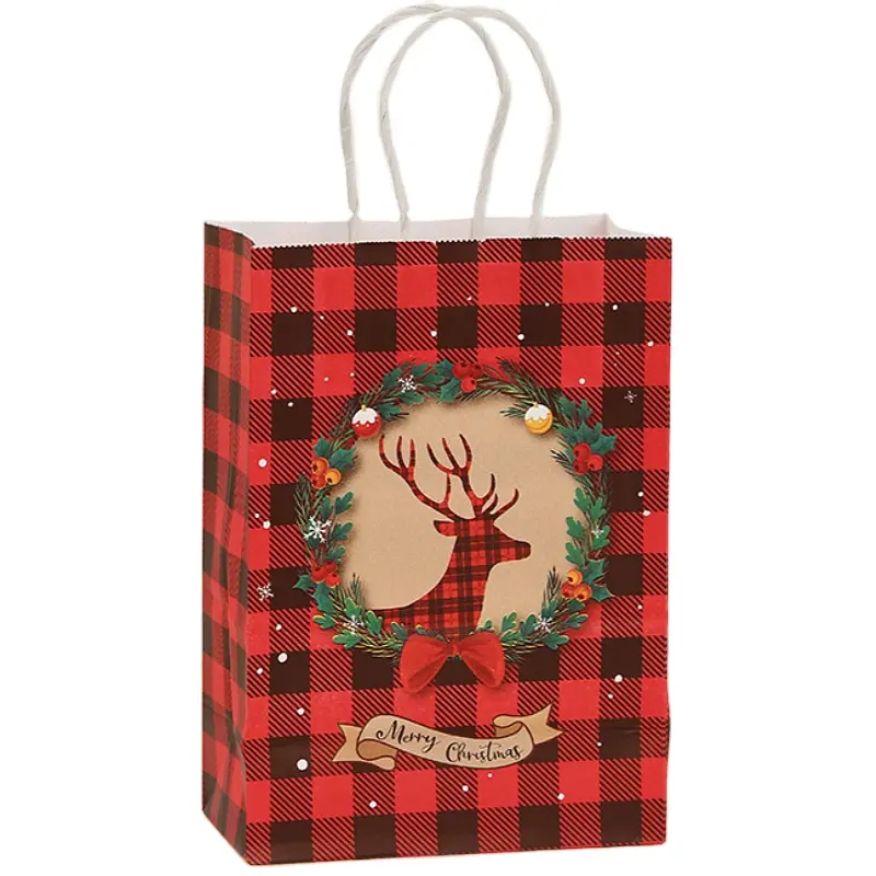 Noel beyaz Kraft kağıt paket bezi alışveriş saplı çanta