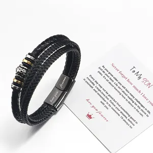 Bracelets Luxury With Box Greeting Cards stainless steel Alloy Accessories Charms Black Leather Bracelet Mens Gift