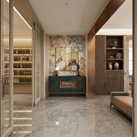 Armoire de chambre principale à deux tons, crème et bois foncé, avec grille supérieure ouverte, comptoir en pierre noire et tiroir de rangement