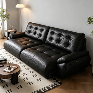 Sofá Seccional Moderno de Cuero Genuino Negro con Respaldo Acolchado y Función Reclinable para Sala de Estar - Product Image 6