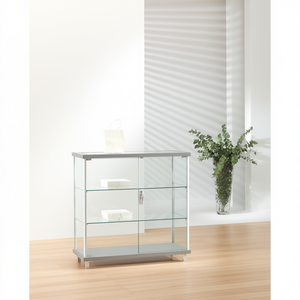 Modern Glass Display Cabinet 95Cm Light <b>Grey</b> Aluminium <b>Frame</b> With Lockable Door And Adjustable Shelves For Living Room - Product Image 3