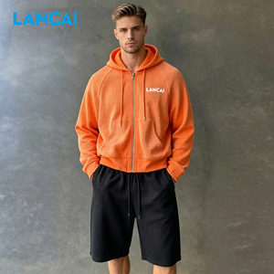 Waffle Zipper Printed 100% Cotton Hoodies Custom Oversized Tracksuits High Quality <b>Zip</b> <b>Hooded</b> Sweatshirt Shorts Set Men - Product Image 2