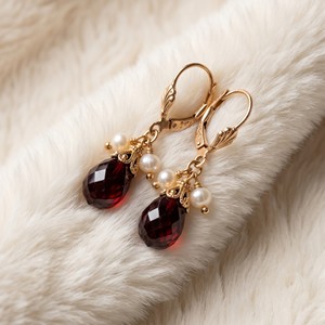 Ear enlace oem odm Custom Wholesale Gold Plated Teardrop <b>Garnet</b> Pearl Leverback Dangle <b>Earrings</b> - Product Image 3