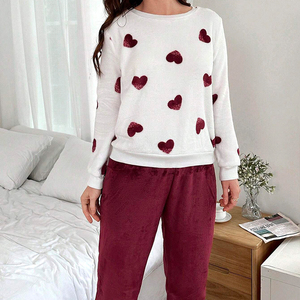 Flannel khối màu in hình trái tim dài tay áo Bộ đồ ngủ dày Bộ Mùa thu mùa đông ấm áp phụ nữ quần áo nhà - Product Image 4