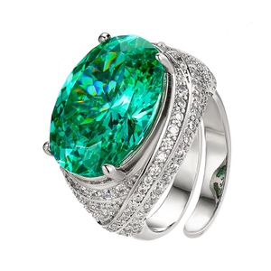 Dainty Jewelry Eco-friendly Copper Dazzling Oval Cut 13*18mm Paraiba Zircon Center Green Stone Focus <b>Adjustable</b> <b>Ring</b> - Product Image 1