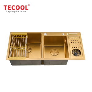 Évier de cuisine <span class=keywords><strong>double</strong></span> cuve en acier inoxydable 304 doré à encastrer, personnalisable, avec égouttoir - Product Image 2