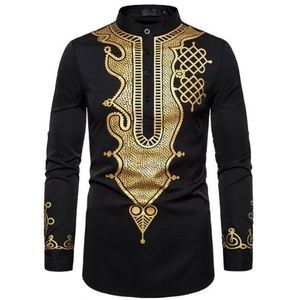 Chemises Traditionnelles Musulmanes pour Hommes Africains, Coupe Slim, Imprimées Noir, Bleu Marine et Doré, Manches Longues, Vente en Gros - Product Image 4