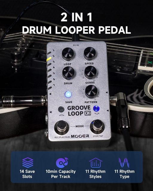 MOOER Groove Looper X2 Stereo Drum Machine Pedal Supports External Footswitches Air P05 Guitar Wireless System