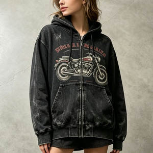 Sweat-shirts personnalisés pour femmes, d'été, tricotés, 100% coton, imprimé moto vintage, respirants, lavés, coupe oversize, zippés, style streetwear, vente en gros - Product Image 1
