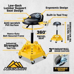 Cadeira de Oficina Reforçada com 5 Rodas Antitombamento - Capacidade de 150 kg, Altura Ajustável, Giro 360° °   Banqueta Giratória para Mecânico de Garagem com Bandeja para Ferramentas e Encosto - Product Image 6