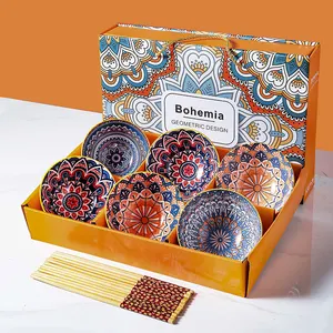 Gift Set Colorful Printed Under Glazed Newly Designed Kitchen 2 4 6 pcs Rice Soup 4.5 Inch Serving Ceramic Bohemia Bowls Set