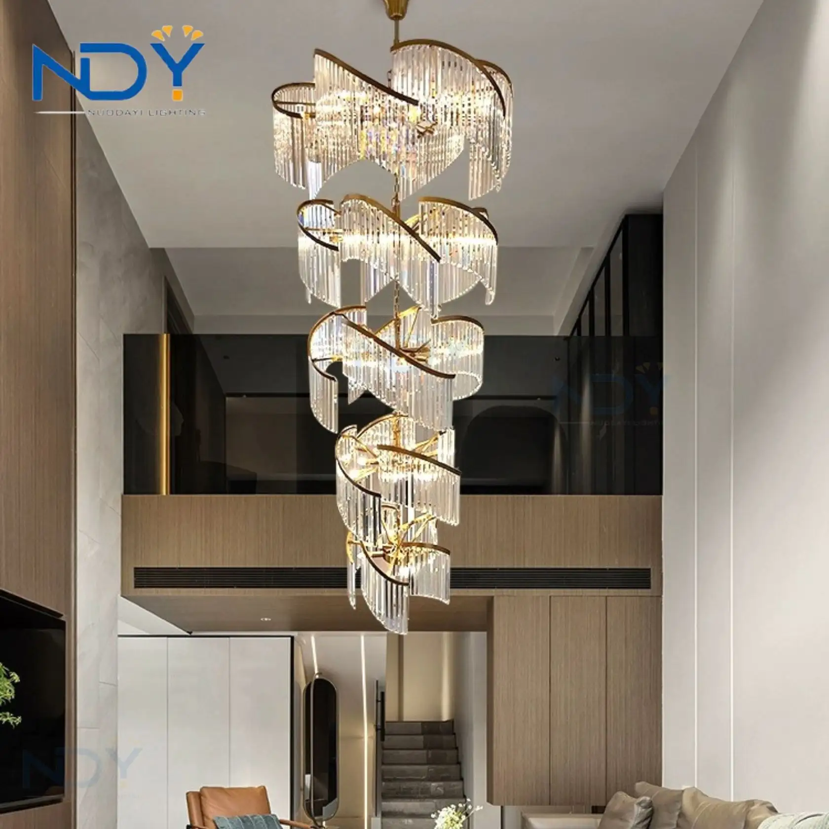 Modern Luxury Design Custom Hanging Pendant Light Living Room Rotating Staircase Villa American Large Crystal Long Chandelier
