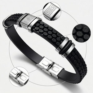 Men's Black Leather <b>Bracelet</b> 22cm Geometric Pattern Stainless Steel Clasp <b>Adjustable</b> Jewelry Gift - Product Image 1