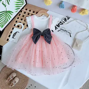 Cô gái với tay áo ngắn trong mùa hè trẻ em Dresses kẹo Dải trẻ em mặc cô gái ăn mặc chấm bi váy