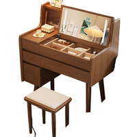 Table de maquillage en bois avec miroir LED, ensemble de coiffeuse de luxe avec tiroirs de rangement cachés et tabouret pour chambre à coucher