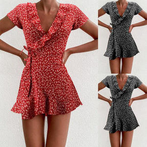 Robe d'été A-Line pour femmes Sweet Elegant Floral Ruffles V-neck Bandage Short Dress for Lady Chic Flowers Mini Dress - Product Image 1