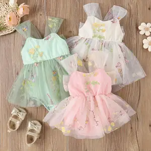 Hot Sale Custom Logo Boutique Summer Lovely Cute Embroidery Mesh Cottotn Baby Romper Girls Dresses Kids Clothing