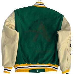 Custom Green Wool Letterman Bomber Jacket 300 GSM Stripe Collar Long <b>Sleeves</b> Two-tone Design Varsity Jacket For Men - Product Image 5