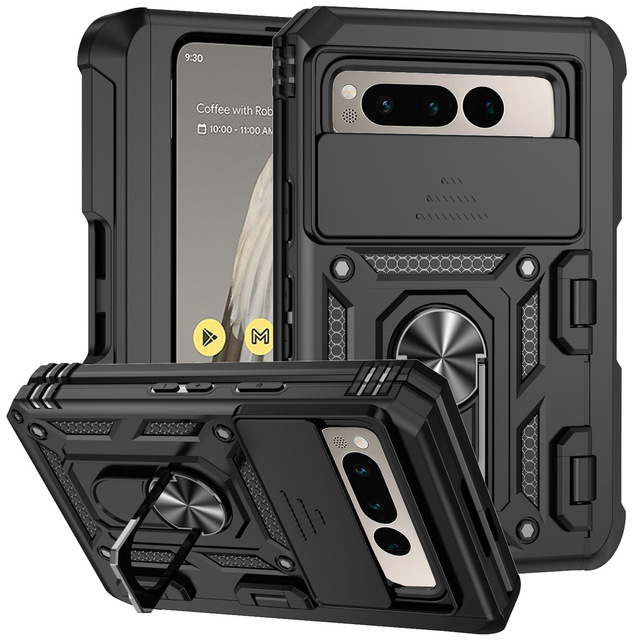 For Google Pixel Fold Heavy Duty Armor Shockproof Phone Case Camera Slide Cover Ring Kickstand Hinge Full Protection  Cover