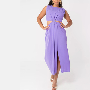 Vestido Midi Morado con Aberturas para Mujer 2026, Estilo Vintage Casual sin Mangas, Elegante con Abertura Lateral y Detalle de Hebilla Dorada, OEM - Product Image 1