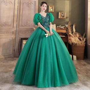 V-neck Chiffon Ball Gown Empire Waistline Vintage Evening Dress For Women Dark Green And Red Long Puffy Skirt Performance Wear - Product Image 3
