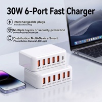 Chargeur GaN HNT 30W à 6 ports, adaptateur secteur rapide USB-C pour téléphone portable et petits appareils