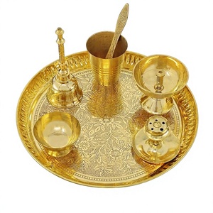 Brass Religious Set With Embossed <b>Tray</b> <b>Candle</b> Stand And Utensils Circular Design Durable For Spiritual Activities - Product Image 2