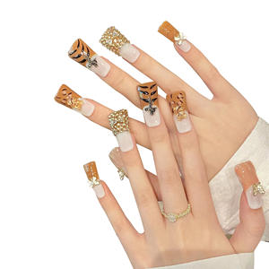 [Western Lingban <span class=keywords><strong>Tiger</strong></span> Skin] Faux ongles à presser faits main, motif léopard français, style Spice Girl, noir et or brillant, haute qualité - Product Image 1