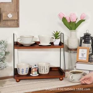 Étagère de rangement en bois à double couche, organisateur de bureau à 2 niveaux pour cuisine, porte-gobelets et boissons - Product Image 1
