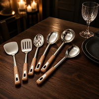 Ensemble de 6 ustensiles de cuisine en acier inoxydable, écologiques, finition miroir, manche en plastique imitation bois, pour la maison, la cuisine et les restaurants