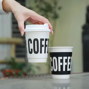 RTS 16oz 일회용 맞춤형 로고 이중 벽 종이 커피 컵 파티 용품 평평한 뚜껑이있는 뜨거운 음료를위한 크래프트 종이 찻잔