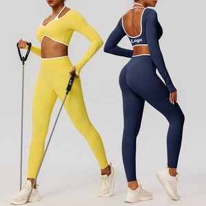 Set da 2 Pezzi con Top Corto a Maniche Lunghe con Scollo a V e Halter, <span class=keywords><strong>Leggings</strong></span> a Vita Alta con Finiture a Contrasto, Completo da Palestra e Yoga per Donne - Product Image 1