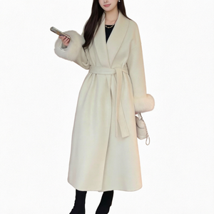 <b>Women</b> Double-Faced Wool <b>Coat</b> Long <b>Belted</b> Overcoat Shawl Collar Autumn Winter Outerwear - Product Image 1