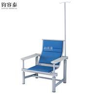Fauteuil d'infusion bleu pour patients externes d'hôpital avec poteau IV et accoudoirs rembourrés, structure en acier pour transfusion sanguine en clinique ou sur le service